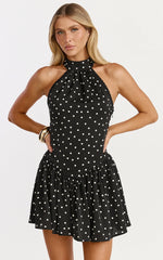 Ruby Mini Dress - Halter Neck Tie Drop V Waist Gathered Dress in Black Polka Dot Print