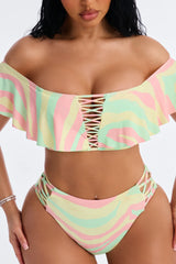 Oceanside Chic 2 Piece Marble Off Shoulder Lace Up Bikini Set - Mint/combo