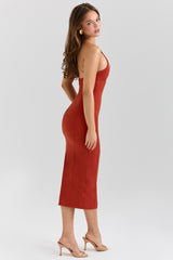 terracotta stretch cotton fitted midi dress
