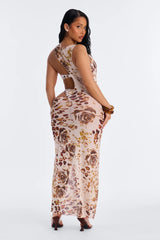 Living 3 Piece Floral Animal Print Bandeau Bikini & Mesh Cover Up Dress - Nude/combo