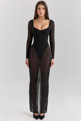 black mesh maxi dress with bodysuit
