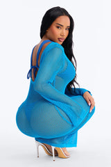 Coastal Veil Crochet Cover Up Bell Sleeve Dress - Blue