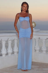CASSIE GLITTER MESH MAXI DRESS - BLUEBELL