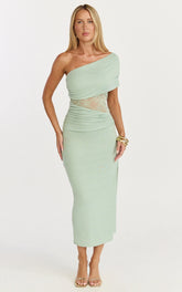 Juliet Midi Dress - One Shoulder Lace Contrast Bodycon Dress in Sage