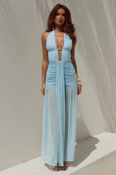 ADRIANNA PLUNGE RUCHED MAXI DRESS - AQUA