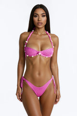 Alana Pearls & Shells Rope Crochet 3 Piece Bikini Micro Skirt Set - Magenta