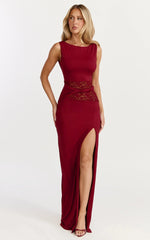 Alberta Maxi Dress - Spliced Sheer Lace Column Dress in Wine