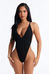 Talina Ribbed 1 Piece High Cut Swimsuit - Black