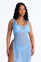 Live In The Moment Mesh Cover Up High Slit Dress - Blue