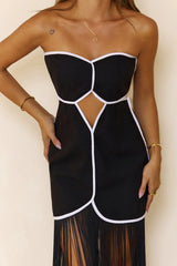 Strapless Fringe Bodycon Midi Dress Black