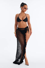 Tracey Ruffle Waist Tie Swim Cover Up Sarong - Black