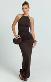 Daniella Maxi Dress - Halter Tie Ruched Maxi Dress in Chocolate
