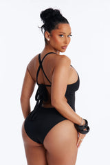 Clear Water Textured Lace Up V-Neck 1 Piece Swimsuit - Black