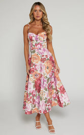 Robertson Midi Dress - Strappy Sweetheart Bustier Flare Dress in Spring Floral