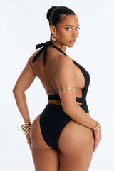 In Your Daydreams 1 Piece Halter Belted Swimsuit - Black