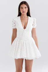 white pleated broderie anglais mini dress