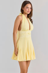 butter yellow georgette halter neck mini dress
