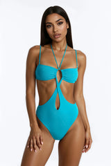 Oceanfront Cut Out High Cut 1 Piece Swimsuit - Turquoise