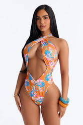 Pass The Sunscreen Cut Out 1 Piece Swimsuit - Orange/combo