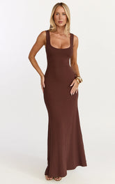 Odette Maxi Dress - Scoop Neck A Line Dress in Chocolate