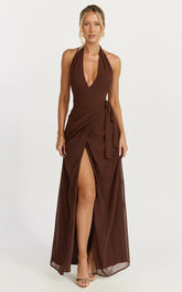 Eva Maxi Dress - Plunge Halter Wrap Dress in Chocolate