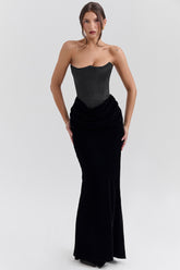 black velvet strapless corset maxi dress