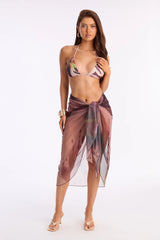 Sunset Sip Floral 3 Piece Bikini Sarong Set - Brown/combo