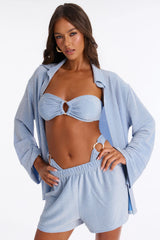 Shine On Me 4 Piece Metallic Bandeau Bikini & Cover Up Shirt & Short Sunsuit - Light Blue
