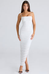 white gathered stretch mesh maxi dress