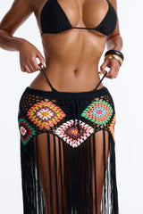 Aliana Crochet Fringe Cover Up Skirt - Black/combo