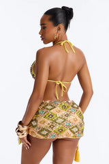 Paislee Contrast Hardware 3 Piece Bikini Sarong Set - Yellow/combo