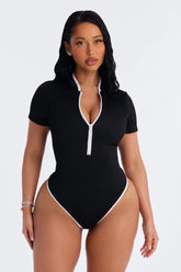 Elevated Ribbed 1 Piece Zip Up Short Sleeve Swimsuit - Black/White
