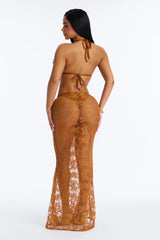 Flower Fever Sequin Applique 3 Piece Bikini Skirt Set - Brown