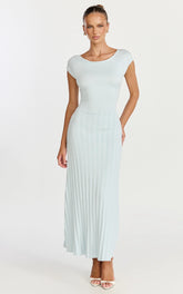 Jadey Midi Dress - Cap Sleeve Pleated Dress in Pale Blue