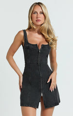 Chrysoula Mini Dress - Square Neck Zip Front Sleeveless Bodycon Denim in Washed Black