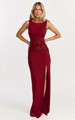 Alberta Maxi Dress - Spliced Sheer Lace Column Dress in Wine