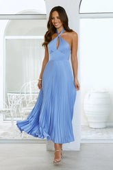 Moonlight Drive Halter Satin Maxi Dress Blue