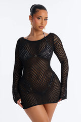 Cassie Crochet Deep Scoop Backless Cover Up Dress - Black