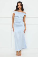 Polished Radiance Off Shoulder Satin Maxi Dress Blue
