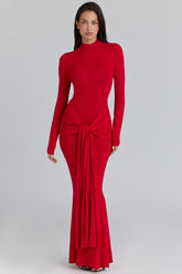 scarlet red hip drape maxi dress
