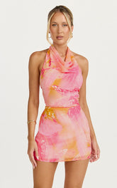 Elouise Mini Dress - Halter Cowl Neck Dress in Hot House Orchid Print