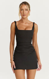 Eugenia Mini Dress - Square Neck Bodycon Dress in Black