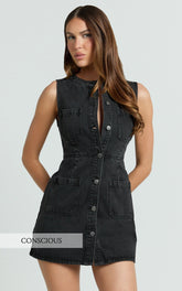Stephanie Mini Dress - Scoop Neck Pocket Detail Recycled Denim Dress in Washed Black