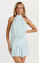 Thea Mini Dress - Backless Halter Dress in Pale Blue