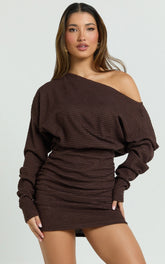 Alyce Mini Dress - Long Sleeve One Shoulder Dress in Chocolate