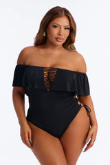 Take One Shoulder Ruffle Sleeve Lace Down Ribbed 1 Piece Swimsuit - Black