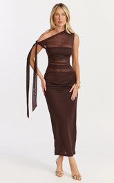 Astrid Midi Dress - One Shoulder Contrast Satin Dress in Chocolate