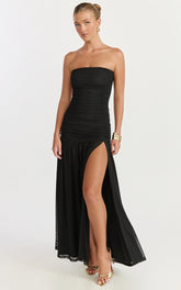Lara Maxi Dress - Strapless Ruched Mesh High Leg Split Dress in Black