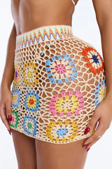 Sienna Patchwork Crochet Swim Cover Up Mini Skirt - Multi Color
