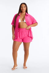 Cristal Textured Swim Cover Up Short Set - Fuchsia